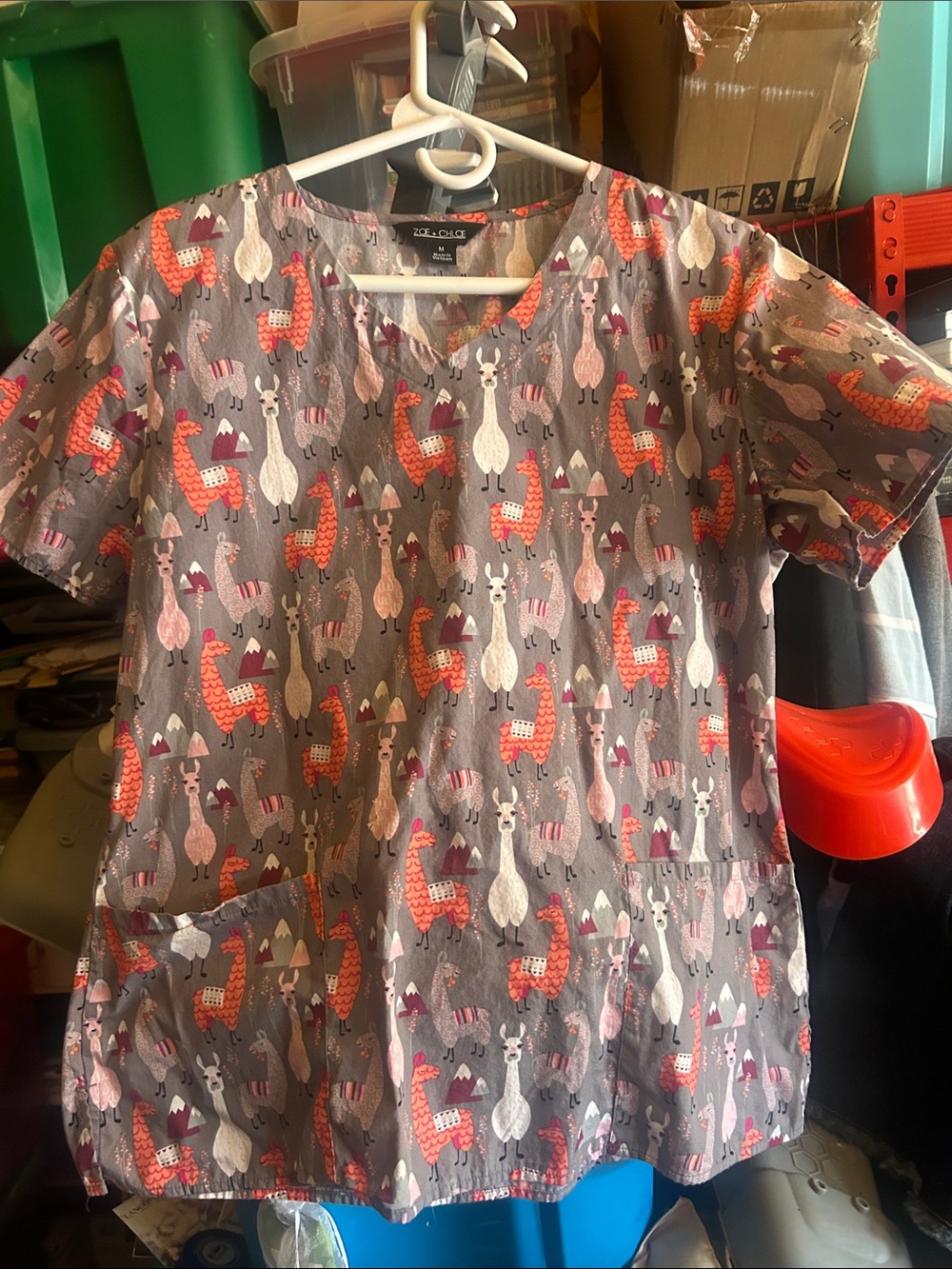 Cute Llama Print Medical Scrub Top - Gray & Coral medium Zoe & Chloe